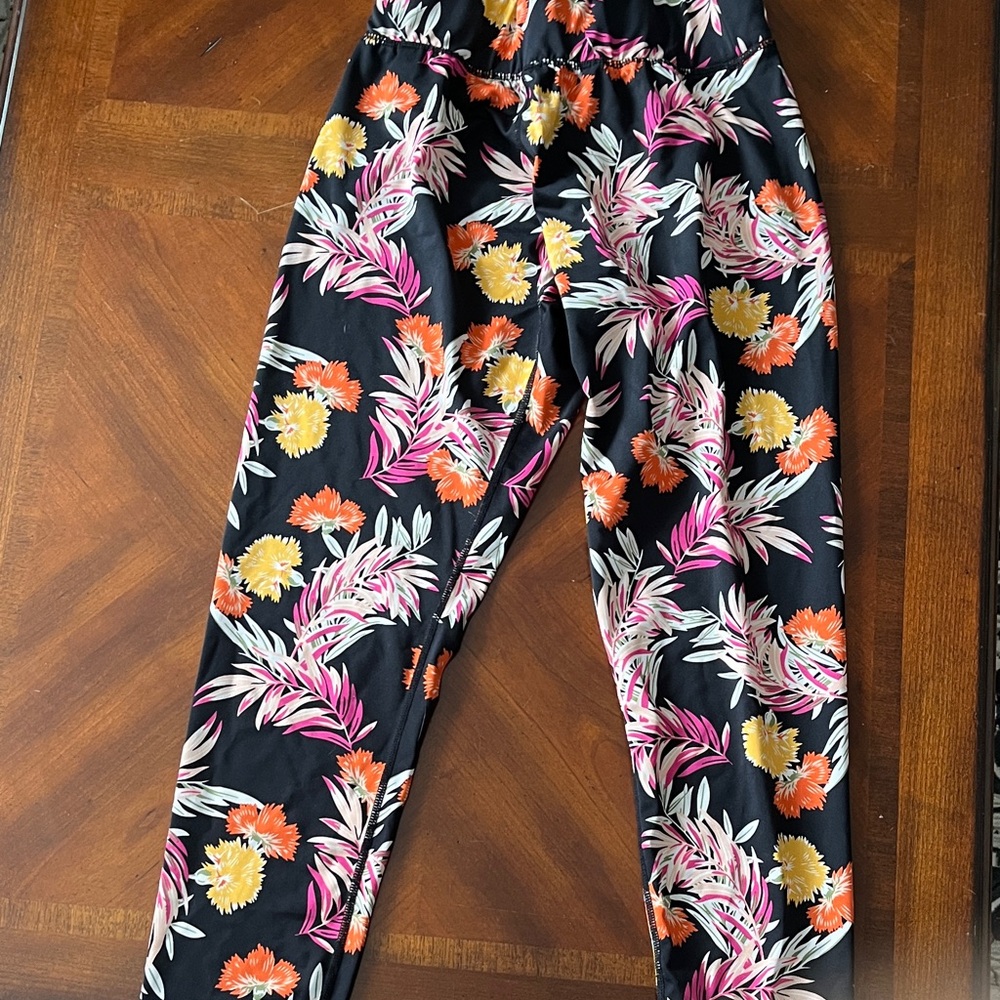 MINKPINK Black Floral Leggings with Pink and Orange Accents